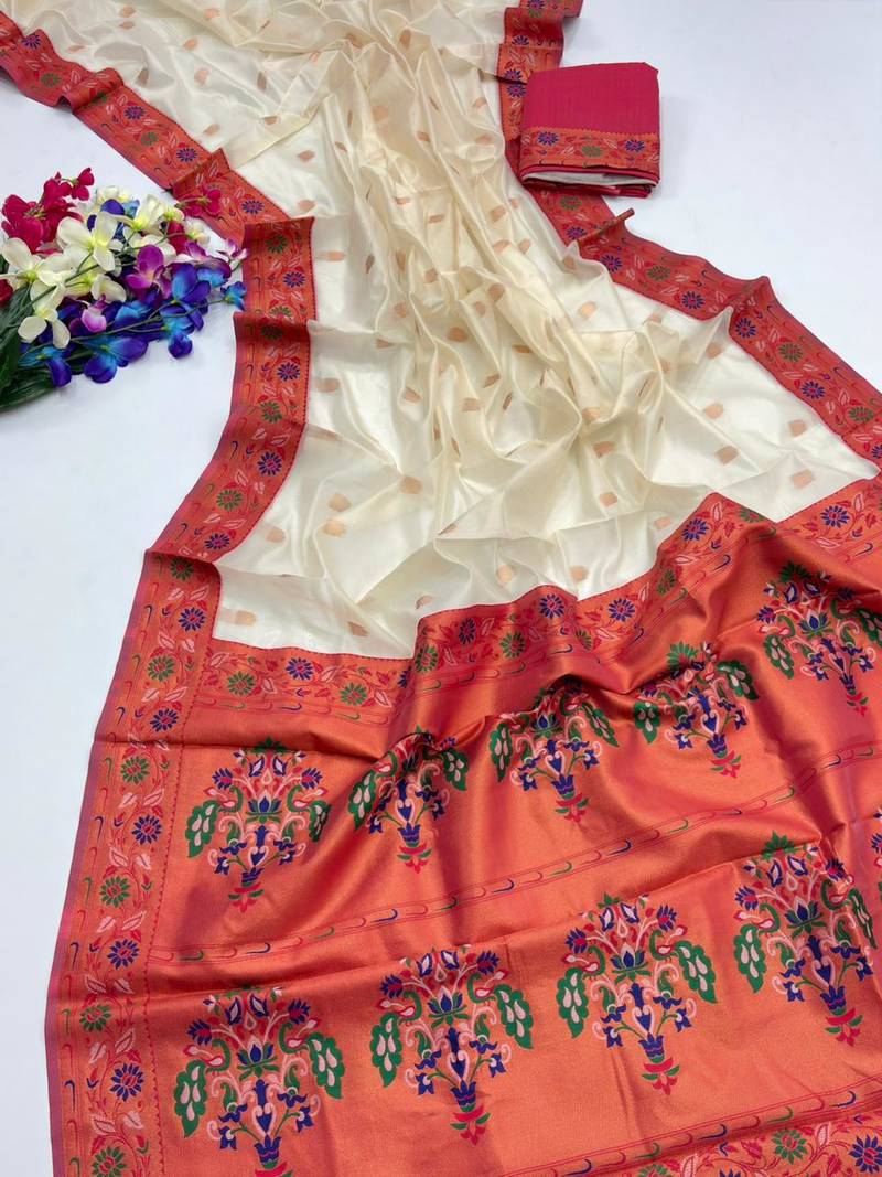White color zari and meena woven  tissue silk paithani saree