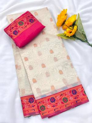 white tissue silk paithani saree with zari meena woven 2