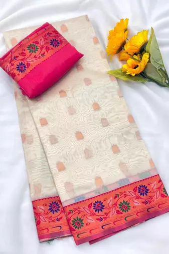 white tissue silk paithani saree with zari meena woven