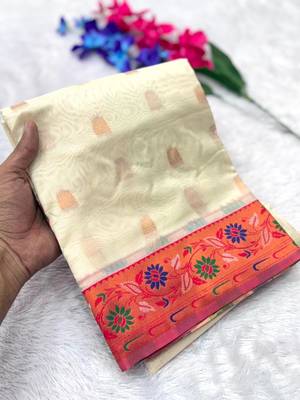 white tissue silk paithani saree with zari meena woven 3