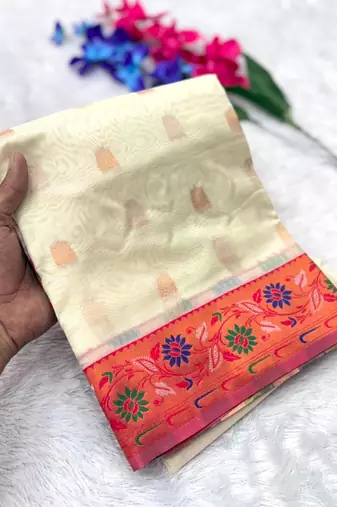 white tissue silk paithani saree with zari meena woven