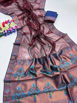 wine color zari and meena woven tissue silk paithani saree 1