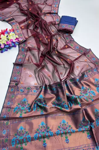 Wine color zari and meena woven  tissue silk paithani saree