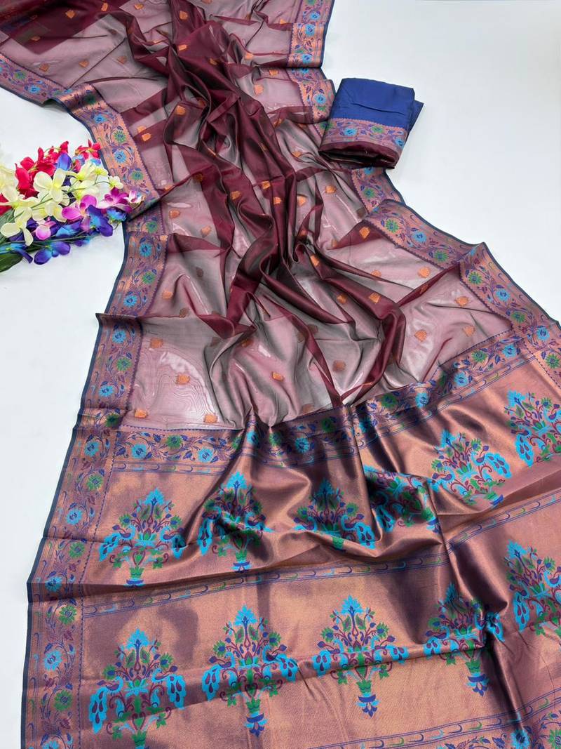 Wine color zari and meena woven  tissue silk paithani saree