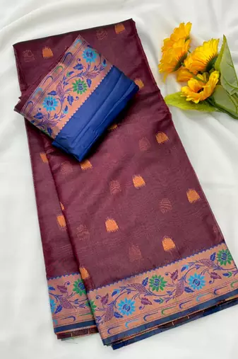 wine color zari and meena woven tissue silk paithani saree