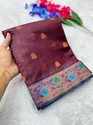 wine color zari and meena woven tissue silk paithani saree 3