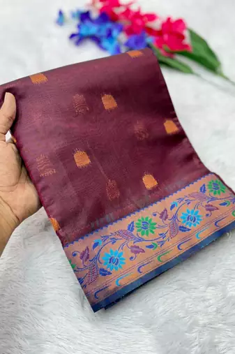 wine color zari and meena woven tissue silk paithani saree