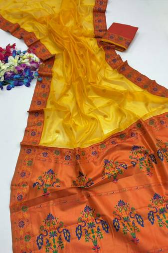 Yellow color zari and meena woven  tissue silk paithani saree