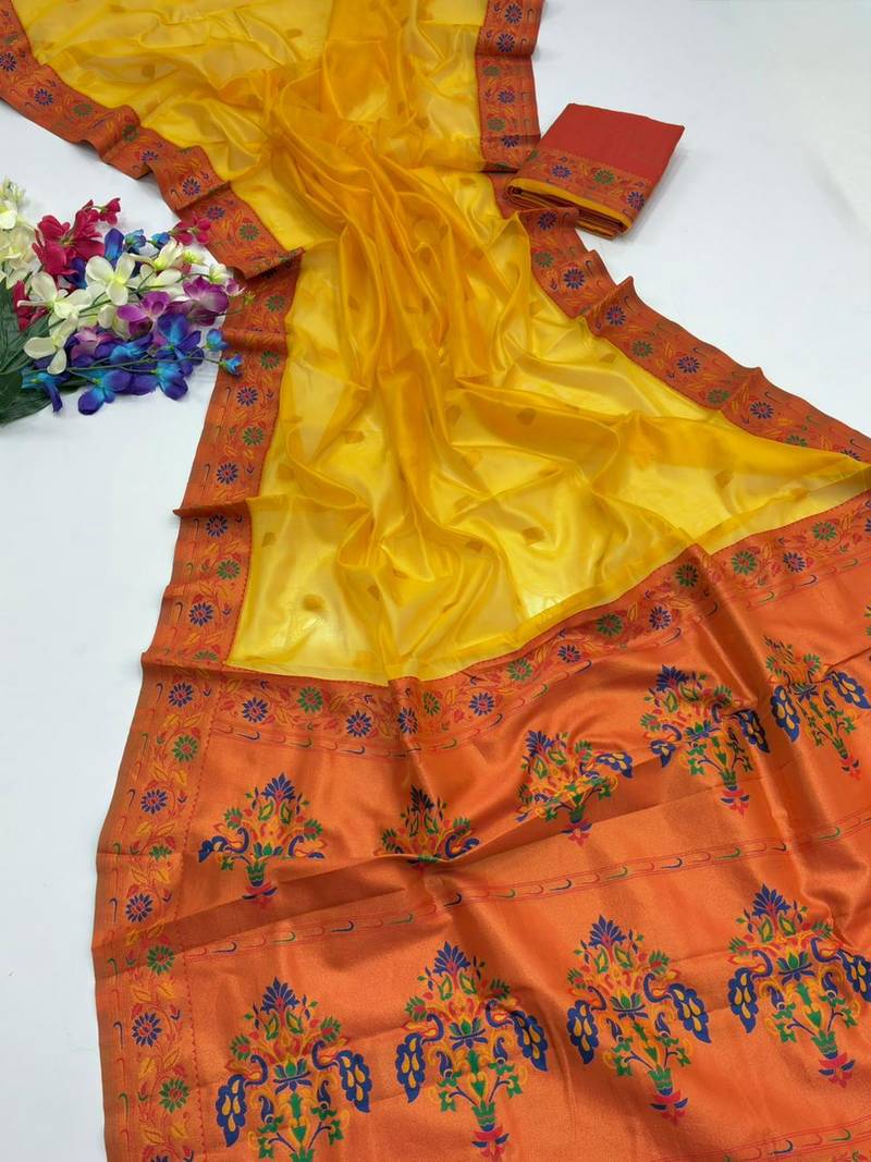 Yellow color zari and meena woven  tissue silk paithani saree