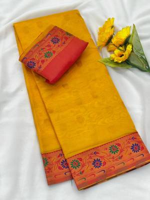 yellow color zari and meena woven tissue silk paithani saree 2