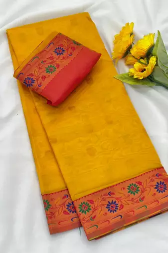 yellow color zari and meena woven tissue silk paithani saree