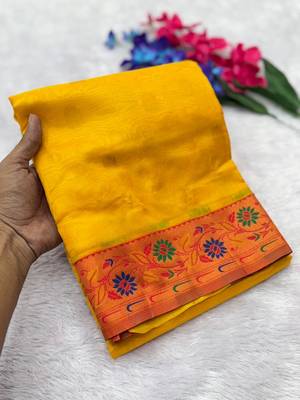 yellow color zari and meena woven tissue silk paithani saree 3