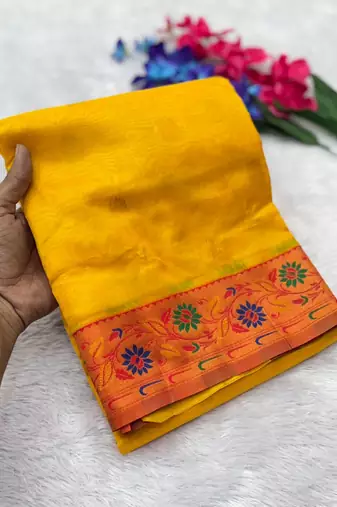 yellow color zari and meena woven tissue silk paithani saree
