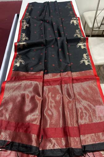 Black color bandhni style butti weaves khadi raw silk saree