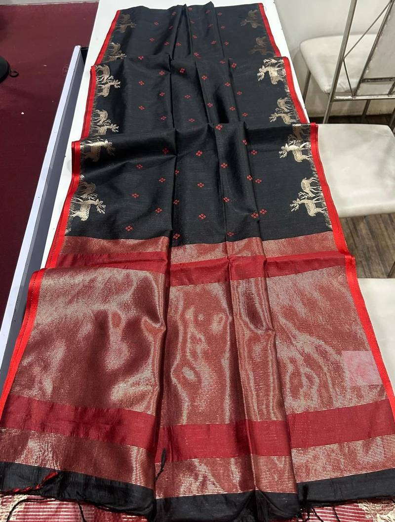 Black color bandhni style butti weaves khadi raw silk saree