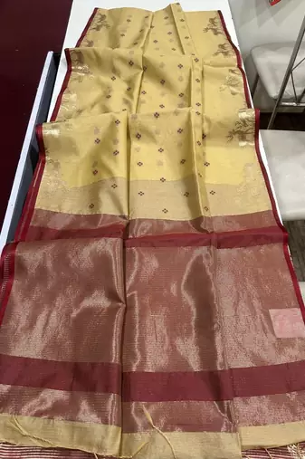 Cream color bandhni style butti weaves khadi raw silk saree