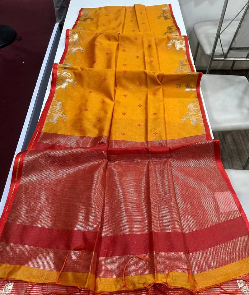 Ember color bandhni style butti weaves khadi raw silk saree
