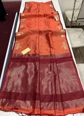 light orange color bandhni style butti weaves khadi raw silk saree 1