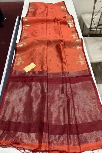 Light orange color bandhni style butti weaves khadi raw silk saree