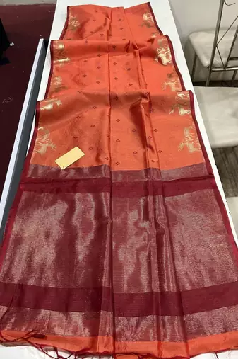 Light orange color bandhni style butti weaves khadi raw silk saree