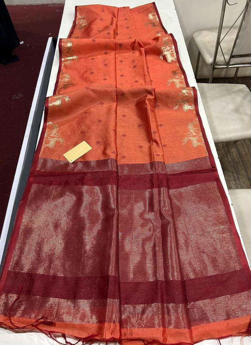 Light orange color bandhni style butti weaves khadi raw silk saree