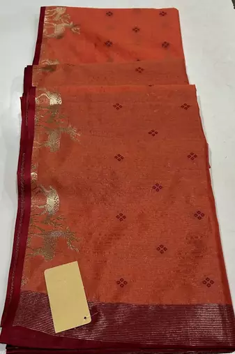 light orange color bandhni style butti weaves khadi raw silk saree