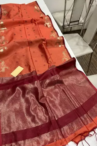 light orange color bandhni style butti weaves khadi raw silk saree