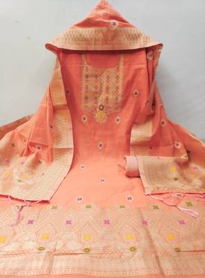 Peach Chanderi Banarasi silk zari woven design dress material 4