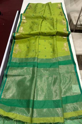 Parrot green color bandhni style butti weaves khadi raw silk saree