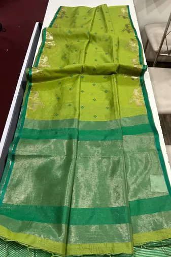 Parrot green color bandhni style butti weaves khadi raw silk saree