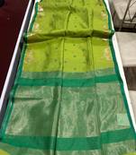 Parrot green color bandhni style butti weaves khadi raw silk saree