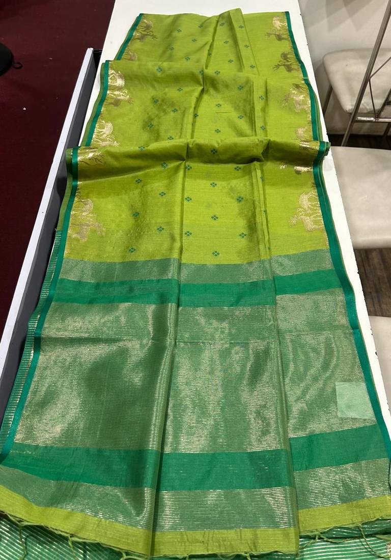 Parrot green color bandhni style butti weaves khadi raw silk saree