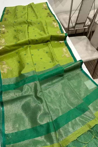 parrot green color bandhni style butti weaves khadi raw silk saree