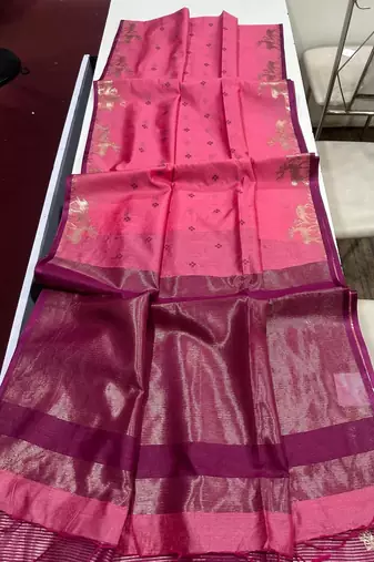 pink color bandhni style butti weaves khadi raw silk saree