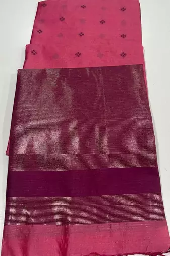 Pink color bandhni style butti weaves khadi raw silk saree