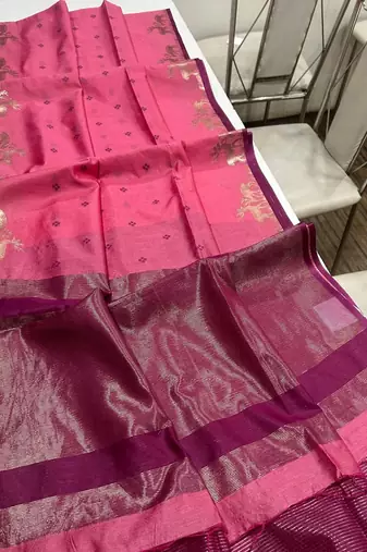 pink color bandhni style butti weaves khadi raw silk saree