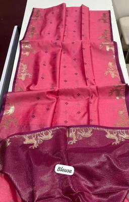 pink color bandhni style butti weaves khadi raw silk saree 4