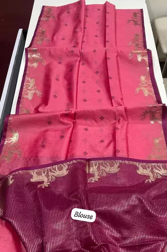 pink color bandhni style butti weaves khadi raw silk saree