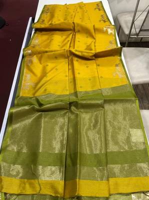 yellow color bandhni style butti weaves khadi raw silk saree 2