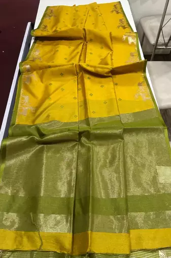 yellow color bandhni style butti weaves khadi raw silk saree