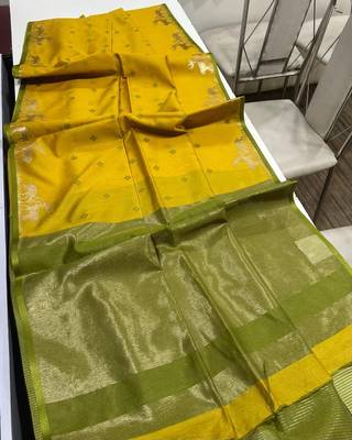 yellow color bandhni style butti weaves khadi raw silk saree 3