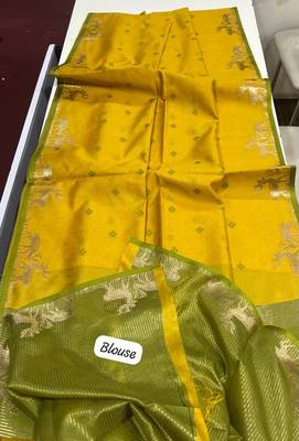 yellow color bandhni style butti weaves khadi raw silk saree 4