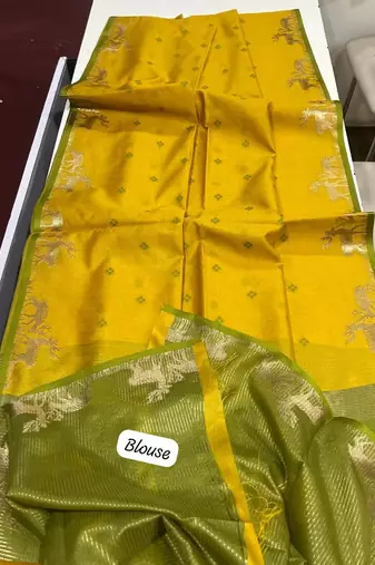 yellow color bandhni style butti weaves khadi raw silk saree