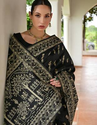 black color warli design weaving banglori raw silk saree 2