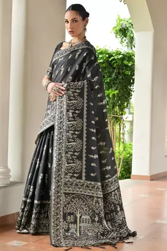 Black color warli design weaving banglori raw silk saree