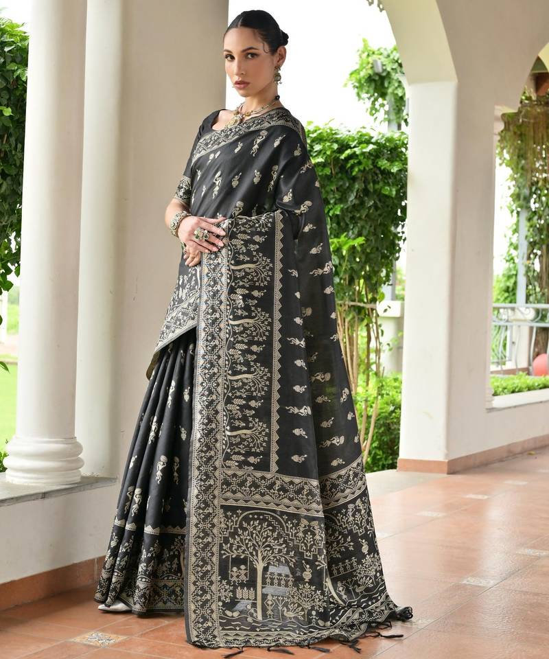 Black color warli design weaving banglori raw silk saree