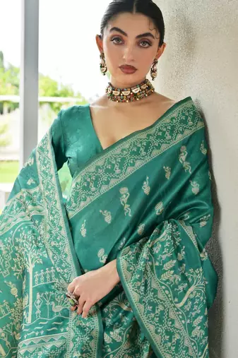 Emerald color warli design weaving banglori raw silk saree