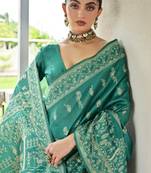 Emerald color warli design weaving banglori raw silk saree