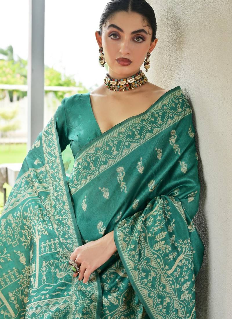 Emerald color warli design weaving banglori raw silk saree