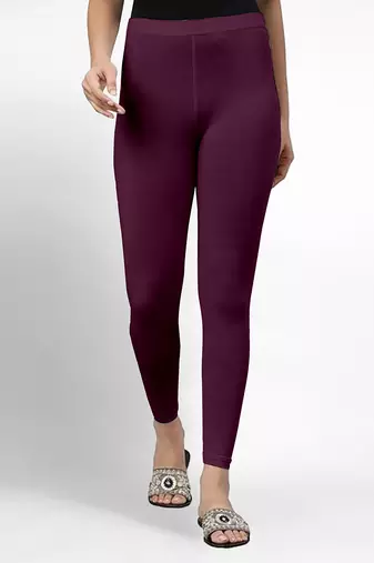 Purple super combed cotton elastane stretch ankle length leggings with ultrasoft waistband